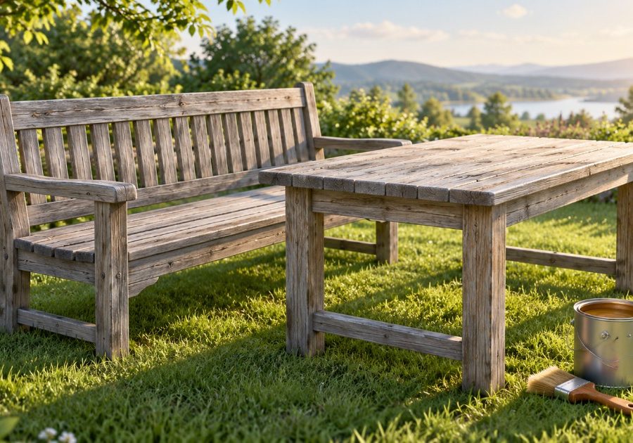 Zašedlá dřevěná lavice a stůl na trávníku, vedle štětec a plechovka laku